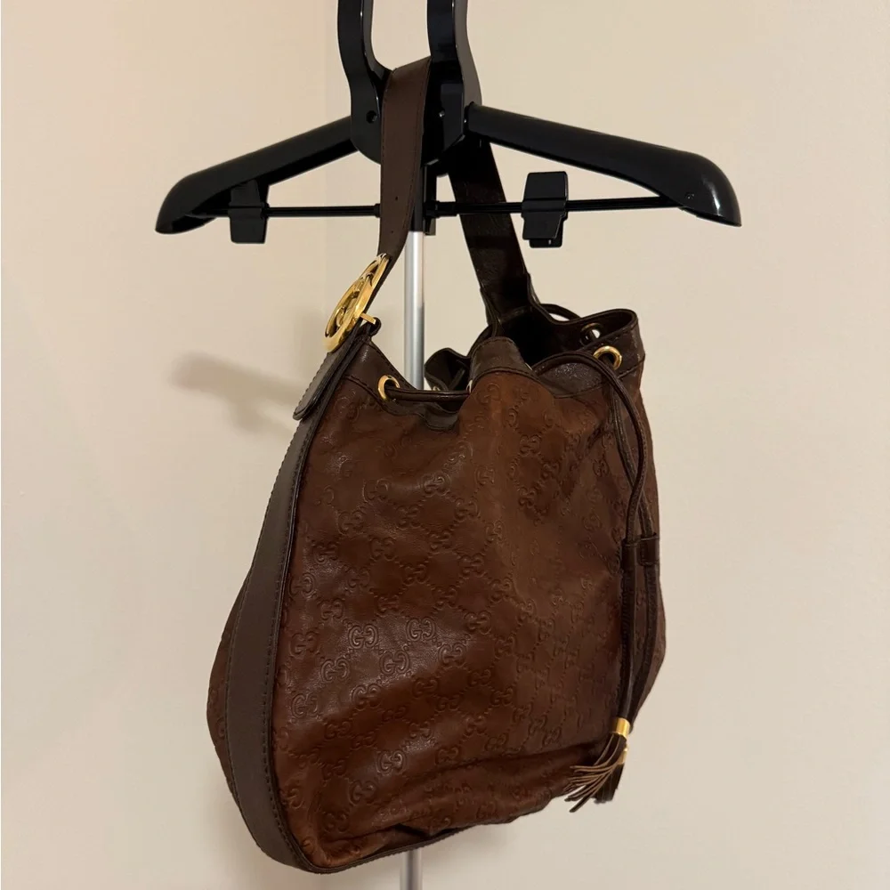 Gucci Dark Brown Leather Hobo Bag with Gold Accents